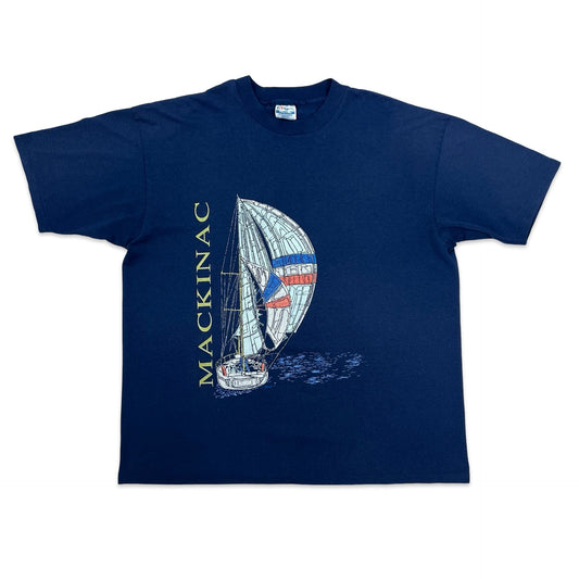 Vintage 90s Hanes Navy "Mackinac" Graphic Tee XXL