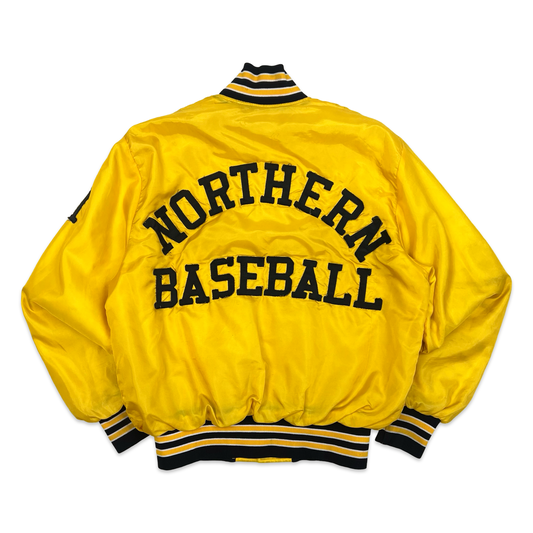 Yellow Northern Baseball Varsity jacket, with NORTHERN BASEBALL logan across back of jacket on a white background.