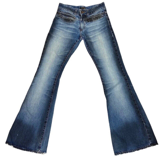 Vintage 90s Y2K Blue Denim Gradient Flared  Mid Rise Jeans 8 S