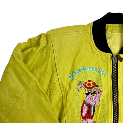 Vintage 80s 90s Green Leather Flintstones Embroidered Bomber Jacket S