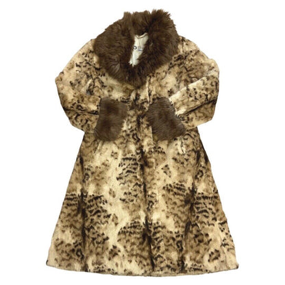 Vintage 90s Cream Brown Animal Print Long Faux Fur Coat 12 14 M