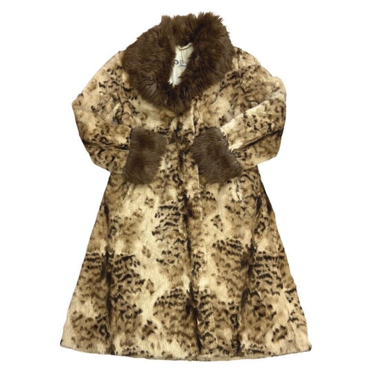 Vintage 90s Cream Brown Animal Print Long Faux Fur Coat 12 14 M