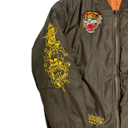 Vintage Y2K Khaki Orange Reversible Ed Hardy Bomber Jacket XL