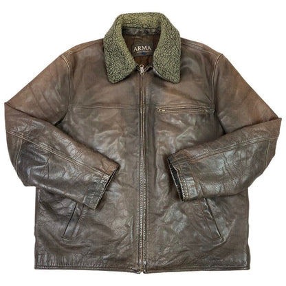 Vintage 90s Brown Leather Zip Down Shearling Collar Aviator Jacket XL