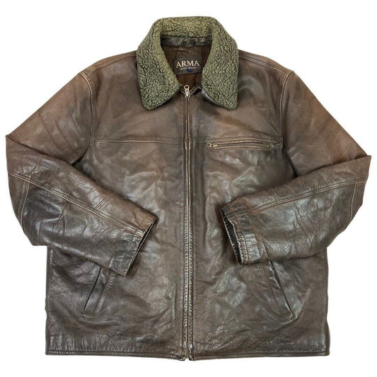 Vintage 90s Brown Leather Zip Down Shearling Collar Aviator Jacket XL