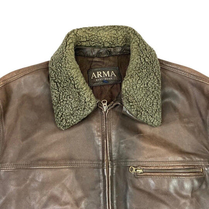 Vintage 90s Brown Leather Zip Down Shearling Collar Aviator Jacket XL