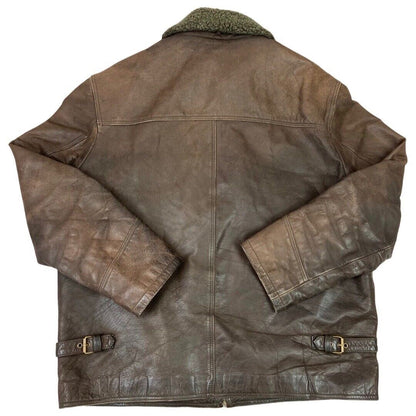 Vintage 90s Brown Leather Zip Down Shearling Collar Aviator Jacket XL