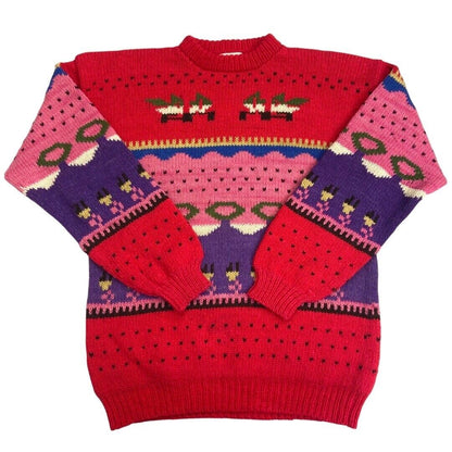 Vintage 90s Red Pink Novelty Pattern Knit Jumper L