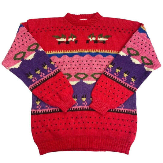 Vintage 90s Red Pink Novelty Pattern Knit Jumper L