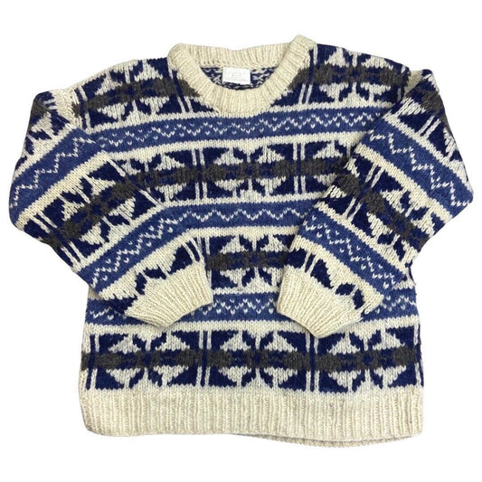 Vintage 80s Blue White Scandinavian Handknit Jumper XL