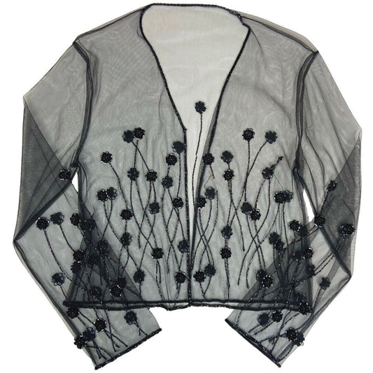 Vintage 90s 00s Black Mesh Embellished Long Sleeve Sparkly Party Top S