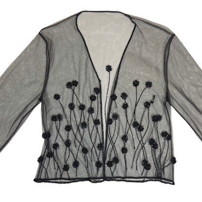 Vintage 90s 00s Black Mesh Embellished Long Sleeve Sparkly Party Top S