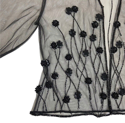 Vintage 90s 00s Black Mesh Embellished Long Sleeve Sparkly Party Top S