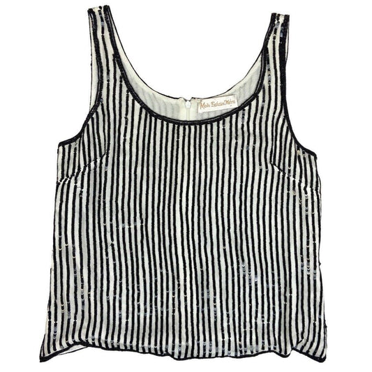 Vintage 90s 00s Black White Striped Embellished Sparkly Party Top 12 14 M