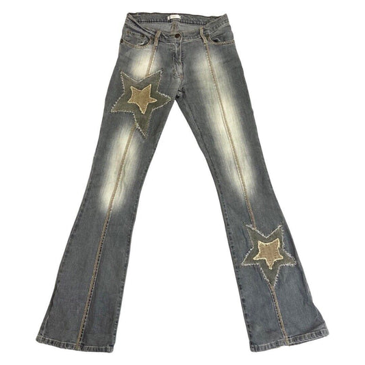 Vintage 90s Y2K Grey Denim Flared Embroidered Embellished Low Rise Jeans 6 XS