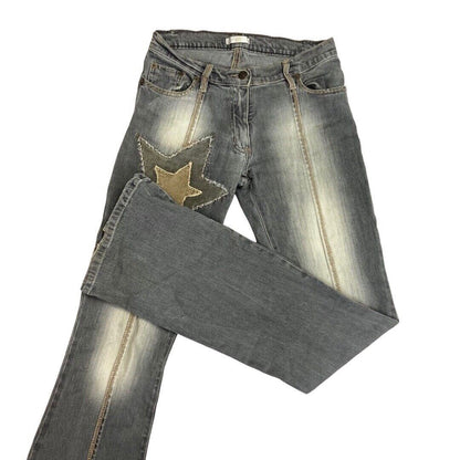 Vintage 90s Y2K Grey Denim Flared Embroidered Embellished Low Rise Jeans 6 XS