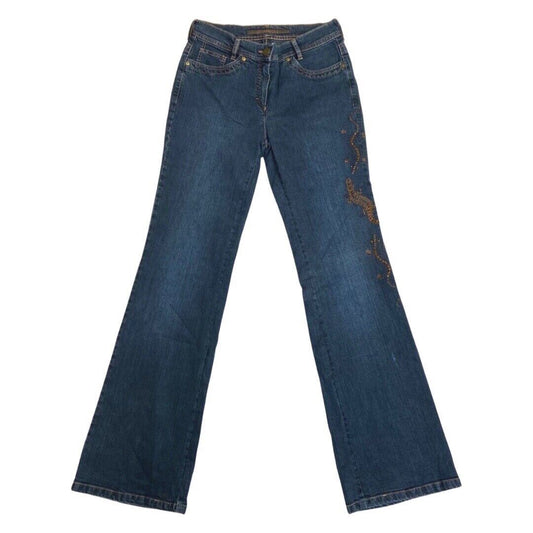 Vintage 90s Y2K Blue Flared Mid Rise Embroidered Embellished Jeans 10 S