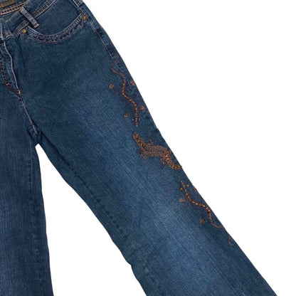 Vintage 90s Y2K Blue Flared Mid Rise Embroidered Embellished Jeans 10 S