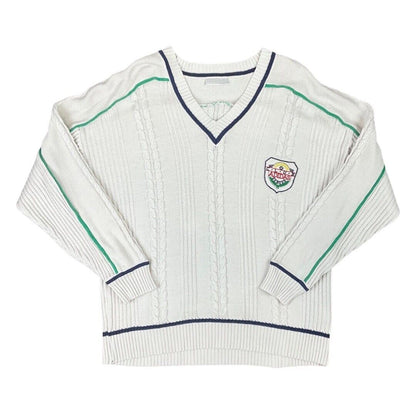 Vintage 80s White Cable Knit Embroidered Club Adidas Cricket Jumper L XL