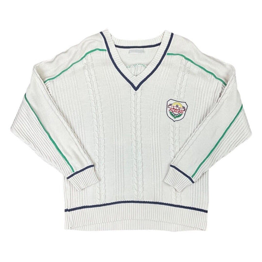 Vintage 80s White Cable Knit Embroidered Club Adidas Cricket Jumper L XL