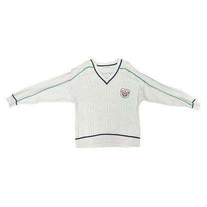 Vintage 80s White Cable Knit Embroidered Club Adidas Cricket Jumper L XL