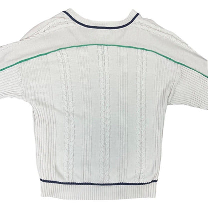 Vintage 80s White Cable Knit Embroidered Club Adidas Cricket Jumper L XL