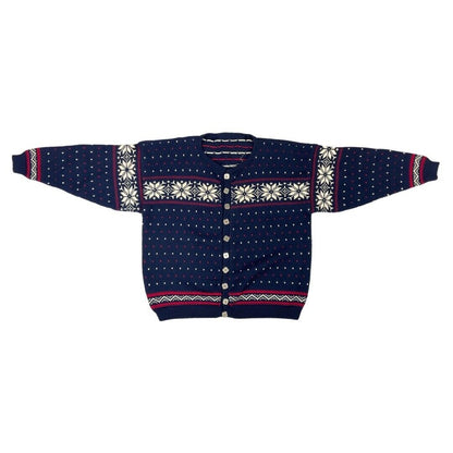 Vintage 80s 90s Blue Scandinavian Norwegian Style Patterned Knit Cardigan 16
