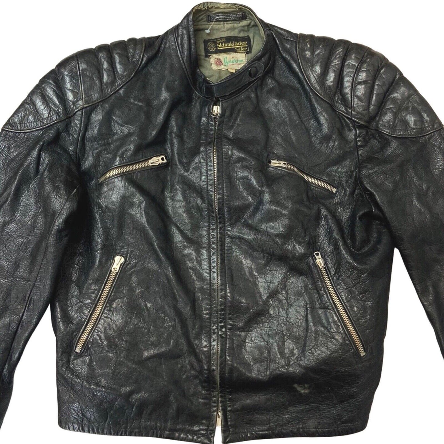 Vintage 1960s Black Biker Black Goatskin Leather Jacket M
