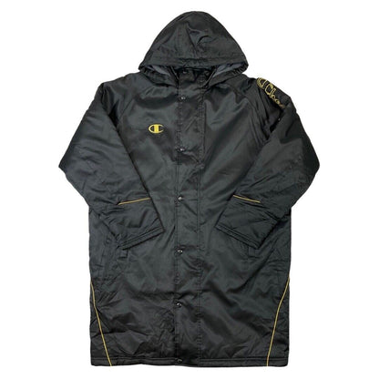 Vintage 90s Black Gold Embroidered Champion Longline Coat L