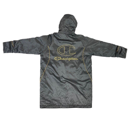 Vintage 90s Black Gold Embroidered Champion Longline Coat L