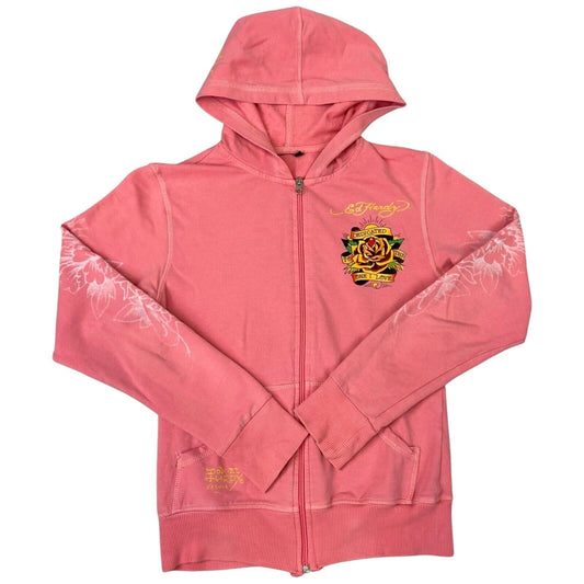 Vintage Y2K Pink Ed Hardy Zip Up Graphic Print Hoodie 8 10