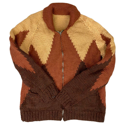 VINTAGE 1960S MENS BROWN WOOL COWICHAN GRAPHIC KNIT ROCKABILLY CARDIGAN 36” S