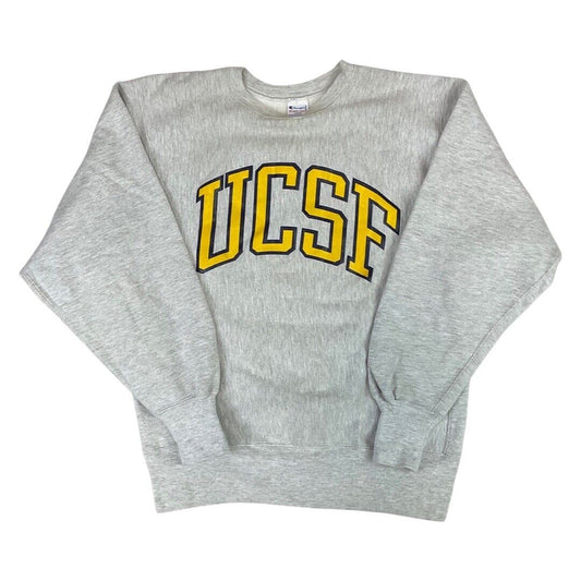 Vintage 90s Grey UCSF Champion Logo Print Reverse Weave Crew Neck Jumper L
