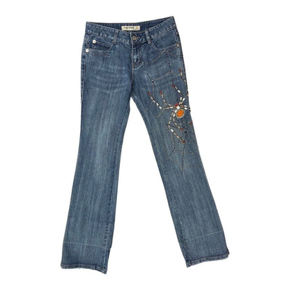 Vintage Y2K Blue Embellished Embroidered Spider Web Bootcut Denim Jeans 8 10 S