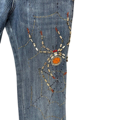 Vintage Y2K Blue Embellished Embroidered Spider Web Bootcut Denim Jeans 8 10 S