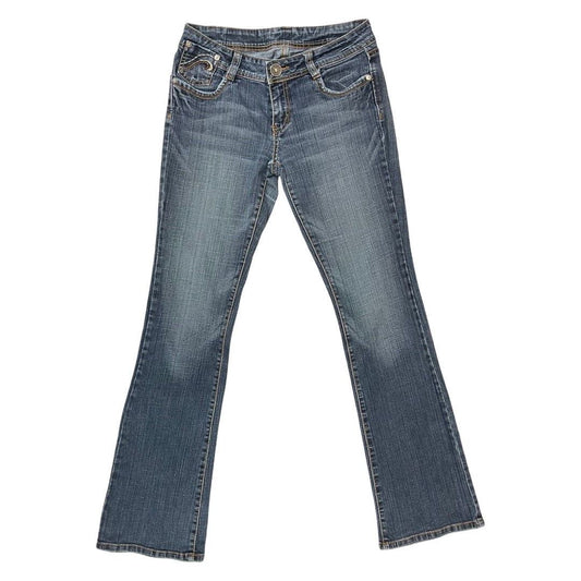 Vintage 90s 00s Y2K Dark Blue Embroidered Denim Distressed Bootcut Jeans 10 12