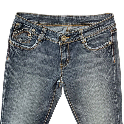 Vintage 90s 00s Y2K Dark Blue Embroidered Denim Distressed Bootcut Jeans 10 12