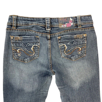 Vintage 90s 00s Y2K Dark Blue Embroidered Denim Distressed Bootcut Jeans 10 12