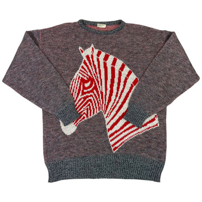 Vintage 90s Grey Red White Zebra Graphic Crew Neck Jumper 12 14 M