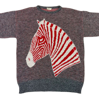 Vintage 90s Grey Red White Zebra Graphic Crew Neck Jumper 12 14 M
