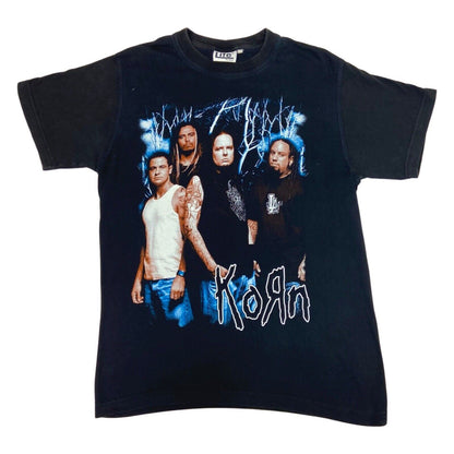 Vintage 90s Black Blue Korn Graphic Print T-shirt M