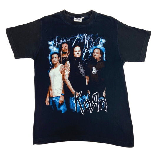 Vintage 90s Black Blue Korn Graphic Print T-shirt M