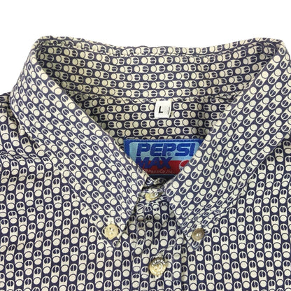 Vintage 90s Rare Cream Blue Pepsi All Over Print Button Down Shirt L