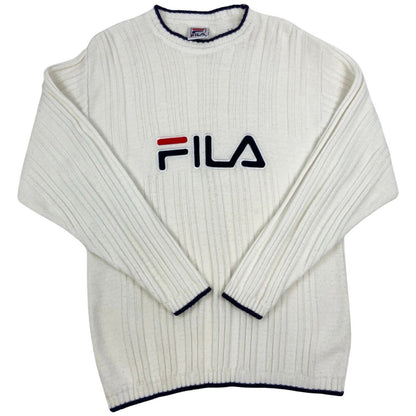 Vintage 90s White Fila Spell Out Embroidered Knit Sweater L