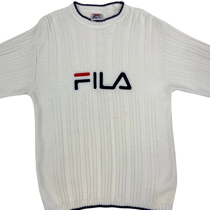 Vintage 90s White Fila Spell Out Embroidered Knit Sweater L