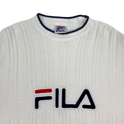 Vintage 90s White Fila Spell Out Embroidered Knit Sweater L