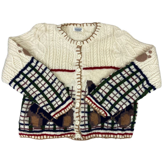 Vintage 80s 90s Beige Teddy Bear Graphic Knitted Embellished Cardigan 12 M