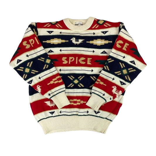 Vintage 90s 00s Red Blue Geometric Pattern World Spice Knitted Padded Jumper S