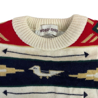 Vintage 90s 00s Red Blue Geometric Pattern World Spice Knitted Padded Jumper S