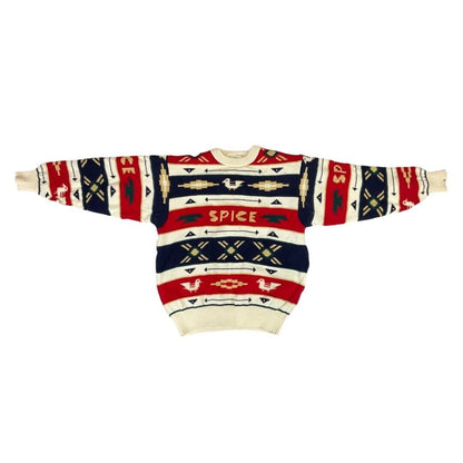 Vintage 90s 00s Red Blue Geometric Pattern World Spice Knitted Padded Jumper S